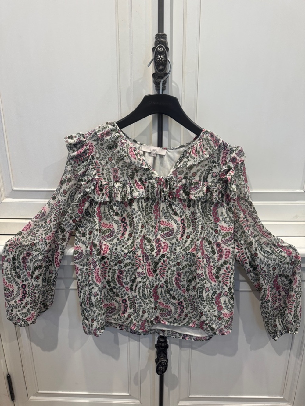 LOFT White Floral Ruffle Peasant Blouse with Pink & Green